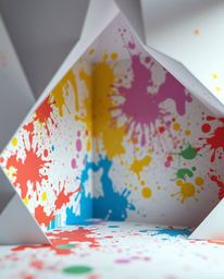 A room explodes in a symphony of vibrant paint, rendered in an intricate origami style. The image features a soft, cinematic 
