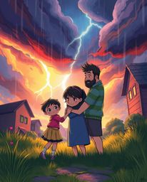 Experience a heartfelt family reunion rendered in stunning Pixar style, set against a backdrop of intense, dramatic weather. 