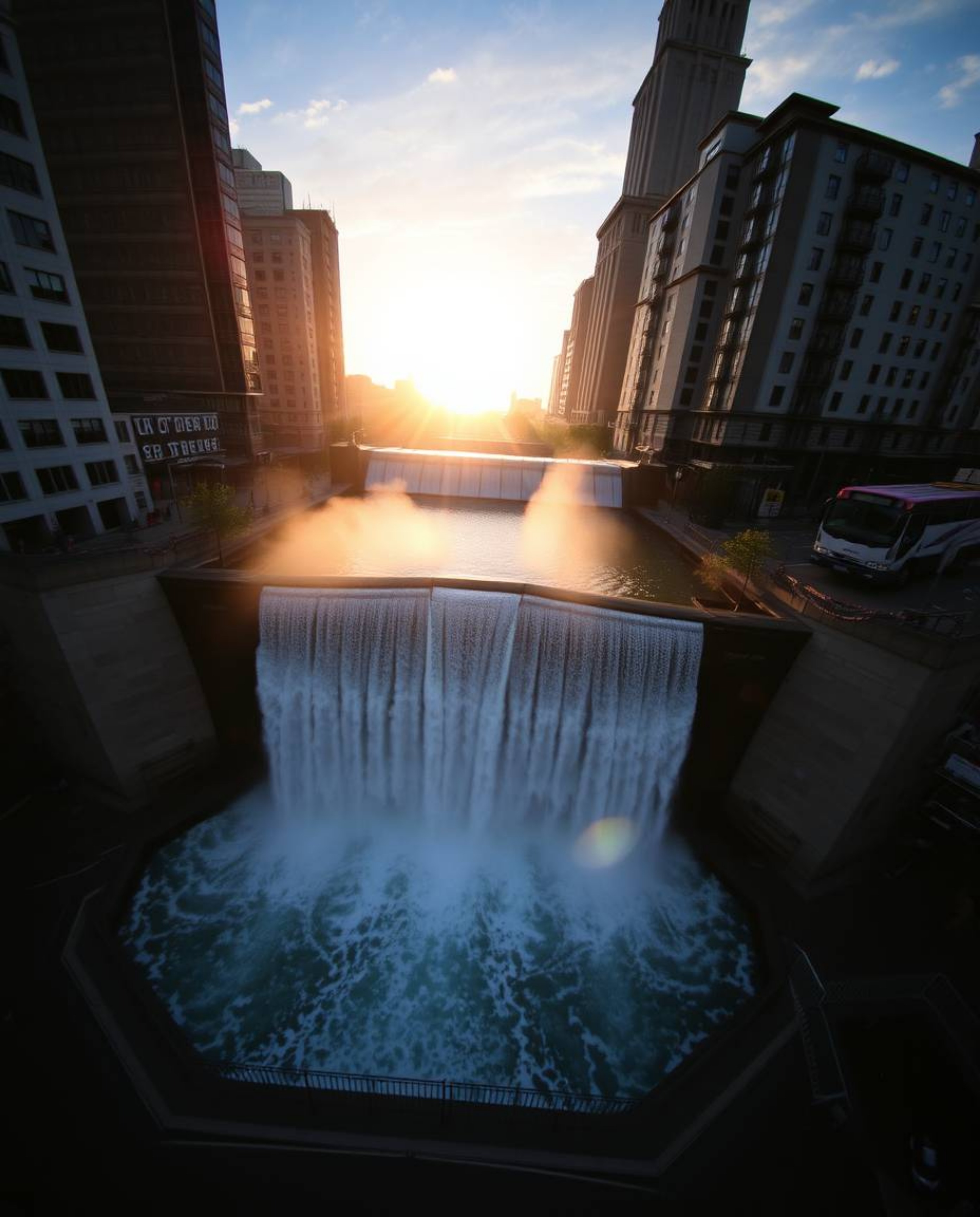 An overhead bird’s-eye view candid street photograph captures a sun setting behind a dramatic waterfall. The image blends urb