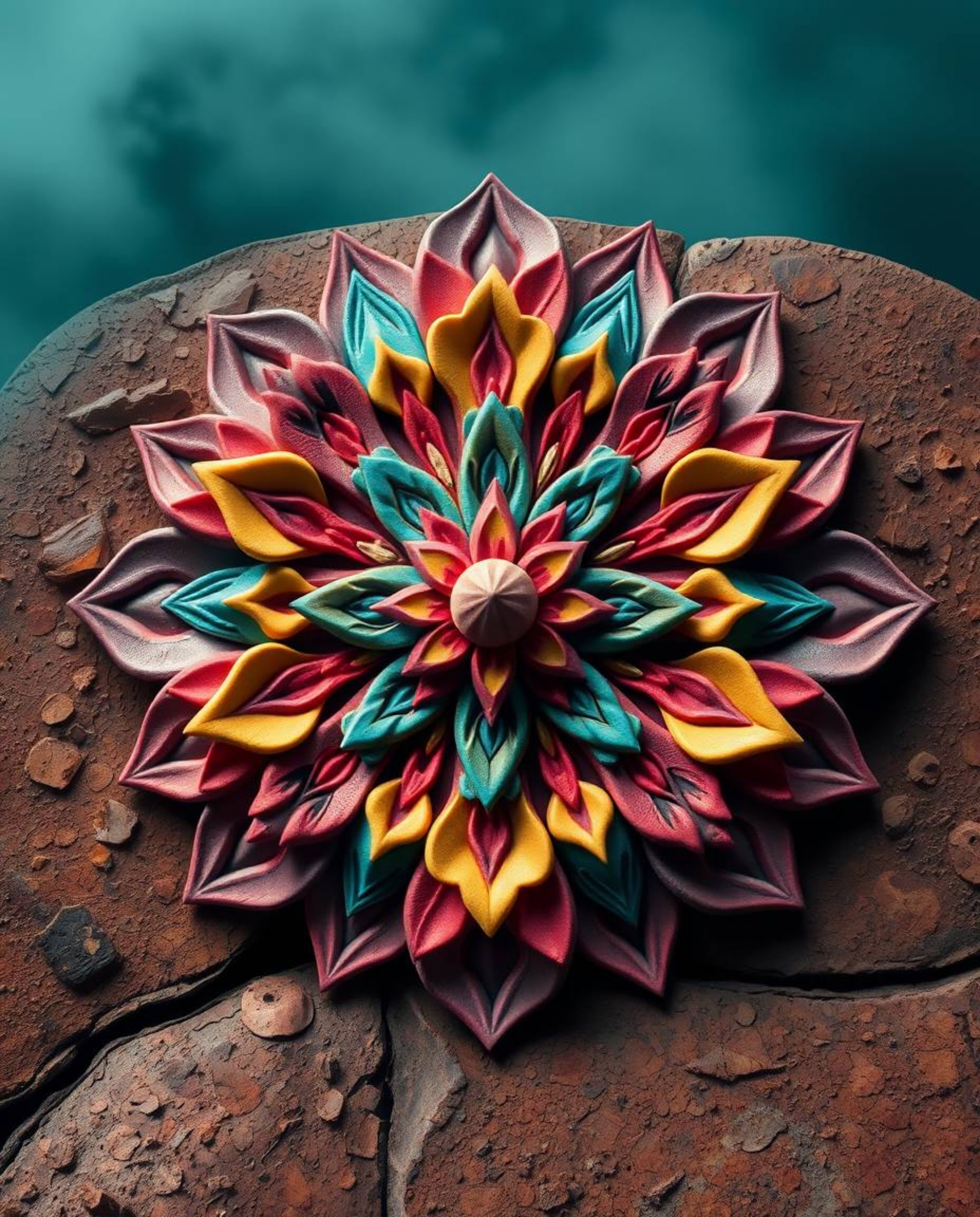 Explore a captivating sculptural clay geometric floral mandala, rendered in vibrant colors and featuring a symmetrical design