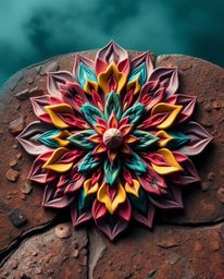 Explore a captivating sculptural clay geometric floral mandala, rendered in vibrant colors and featuring a symmetrical design