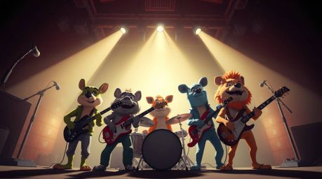 Experience the energy of a cartoon animal band rocking out in a dramatic low-angle shot. Intense lighting and high contrast c