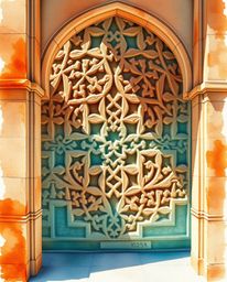 Explore a delicate watercolor painting showcasing intricate Islamic geometric patterns carved in stone. This artwork meticulo