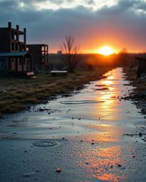 This high-resolution stock photo captures a poignant scene of a sunrise breaking over a war-torn landscape on a wet, rainy da