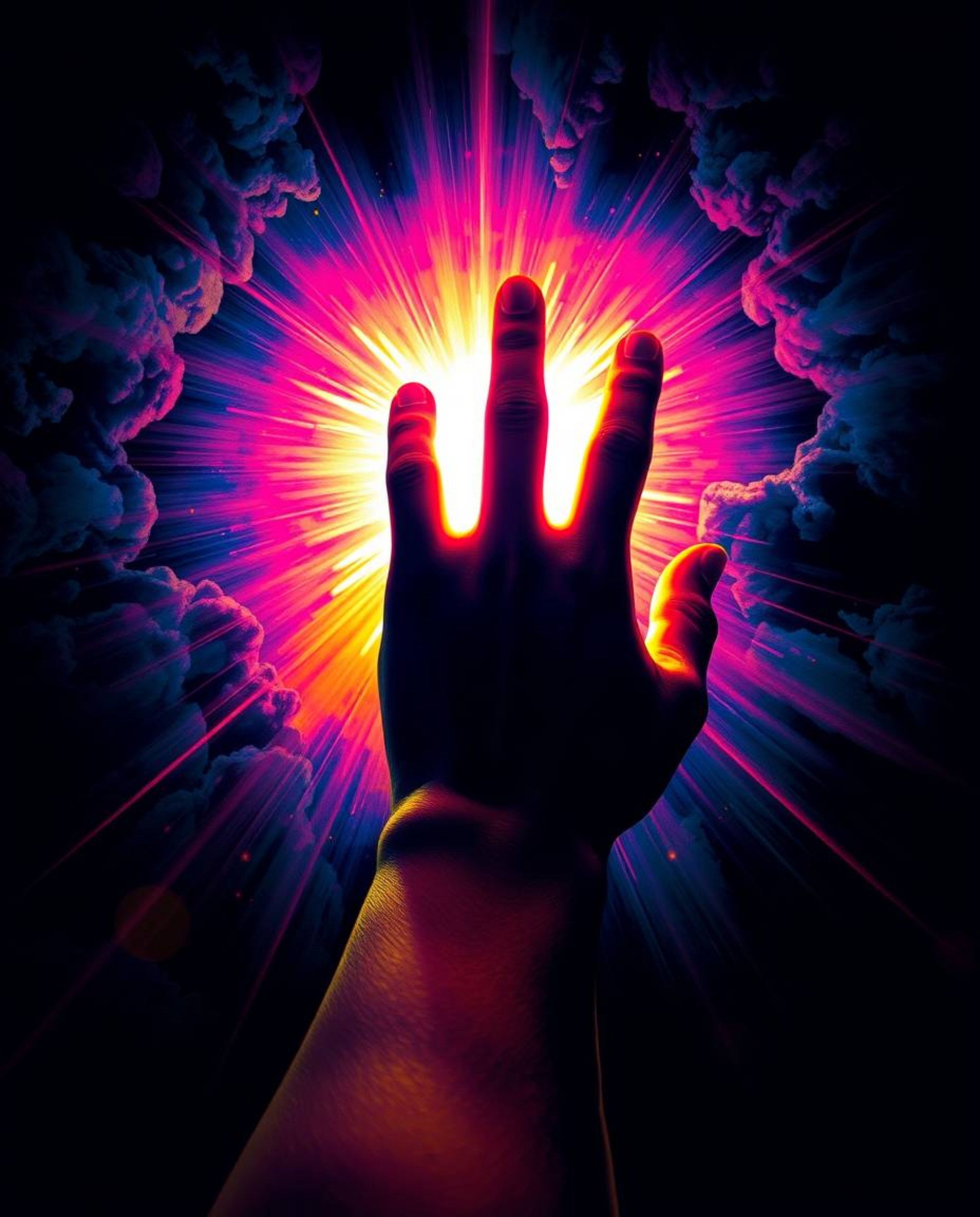 A captivating image depicts a hand reaching towards a brilliant light emanating from an all-encompassing darkness.  Rendered 