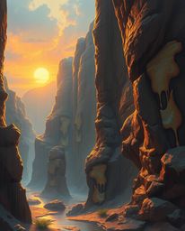 This dreamlike and surreal painting captures a wet, rainy scene where a sunset illuminates sandstone cliffs in a canyon. The 