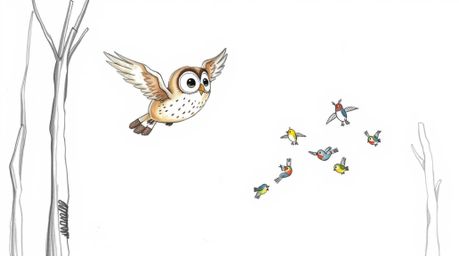 A heartwarming, hand-drawn sketch in the style of Pixar portrays a blind owl gliding gracefully between trees, leading a floc