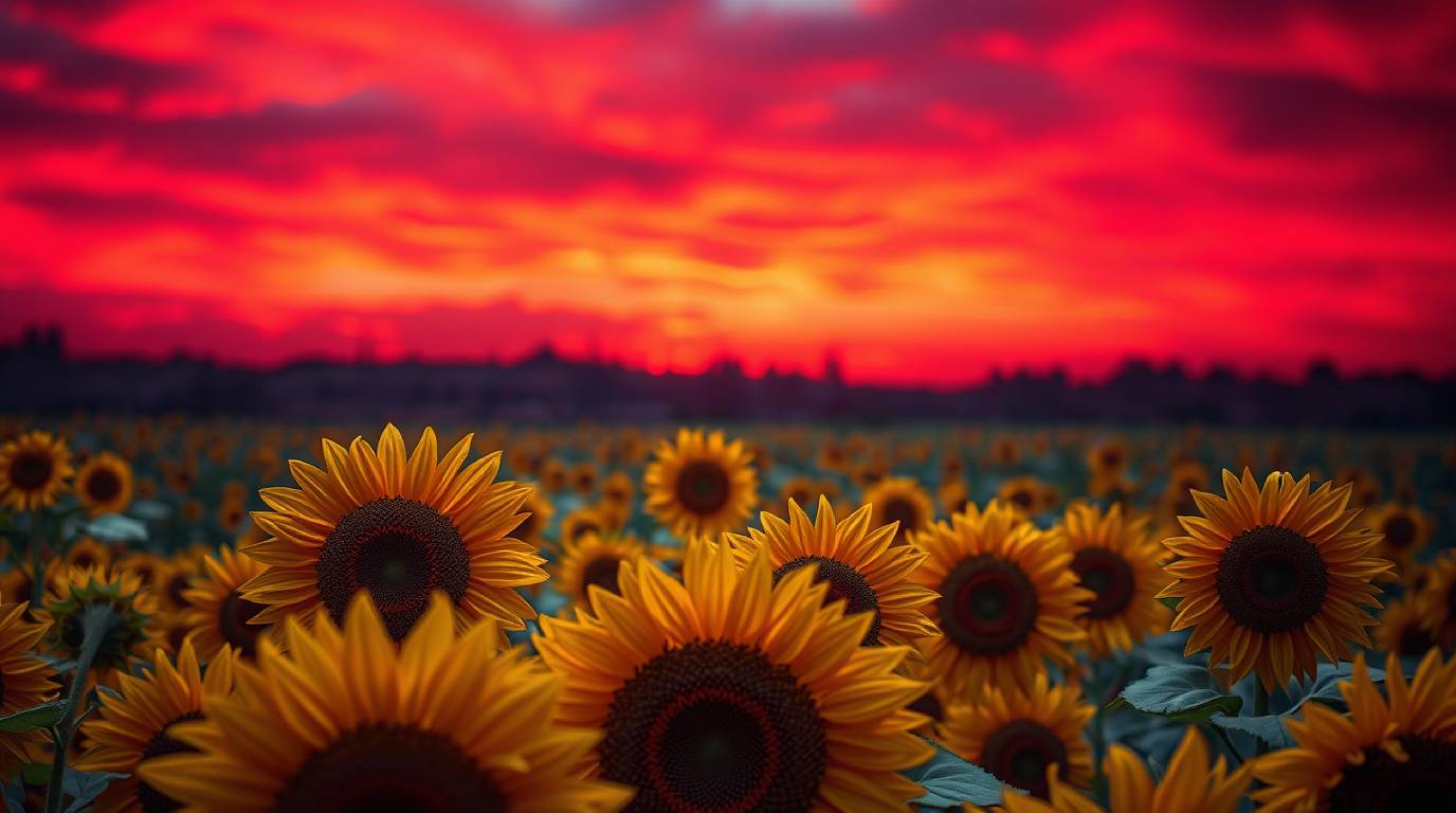 A captivating image depicting a vibrant sunflower field bathed in the dramatic glow of a deep red and purple sunset.  The sce