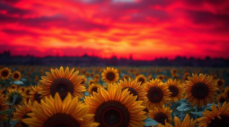 A captivating image depicting a vibrant sunflower field bathed in the dramatic glow of a deep red and purple sunset.  The sce