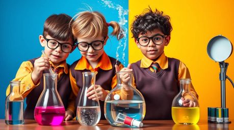 Witness a group of quirky children in school uniforms immersed in vibrant science experiments, highlighted by dynamic complem