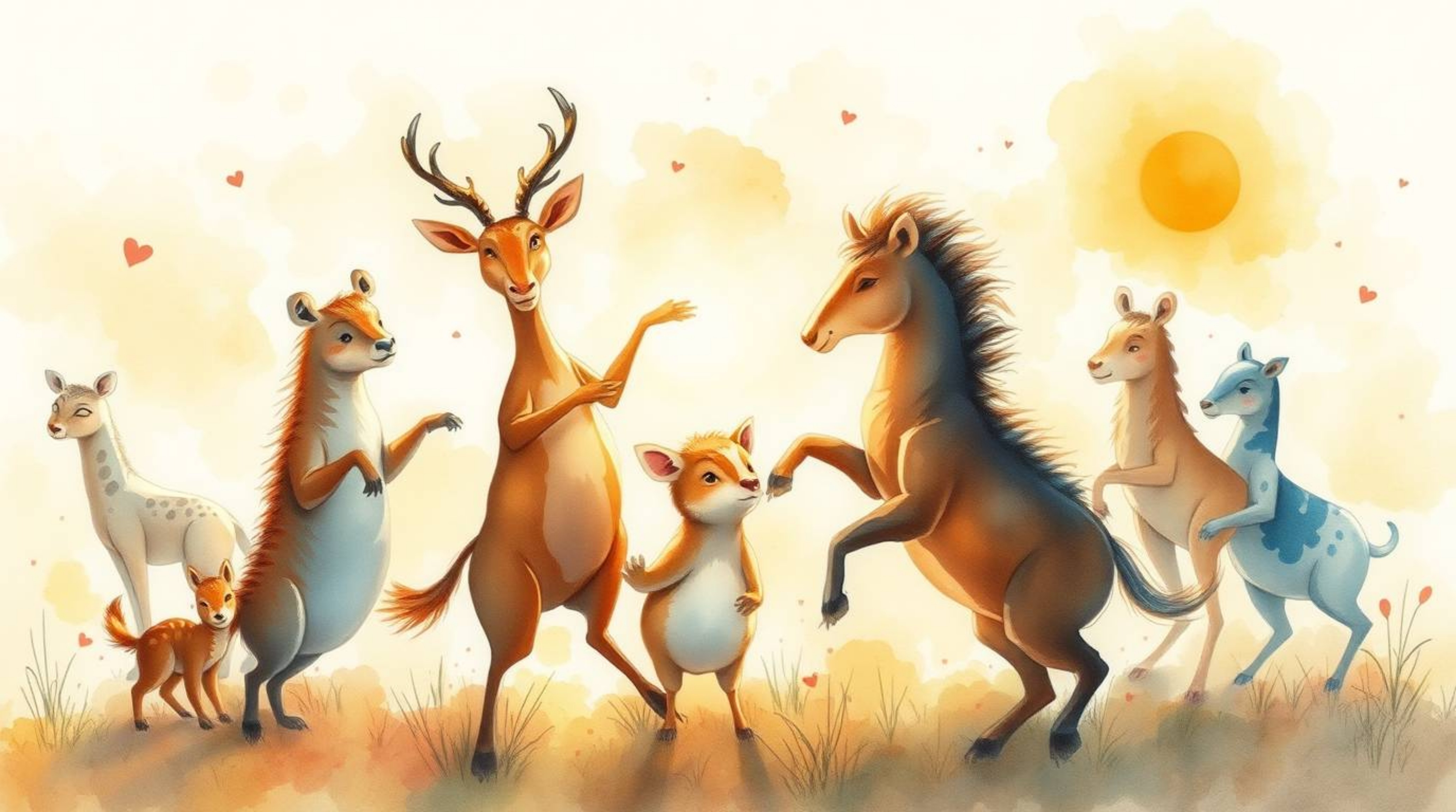 A captivating watercolor painting depicts a vibrant animal dance party illuminated by the warm glow of golden hour.  The artw