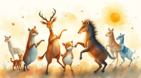 A captivating watercolor painting depicts a vibrant animal dance party illuminated by the warm glow of golden hour.  The artw