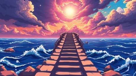 Immerse yourself in a vibrant isekai anime scene featuring a dramatic staircase rising from the ocean towards a stormy sky, i