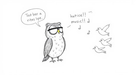 This hand-drawn sketch in the style of Pixar depicts a heartwarming scene: a blind owl, rendered with textured pencil strokes