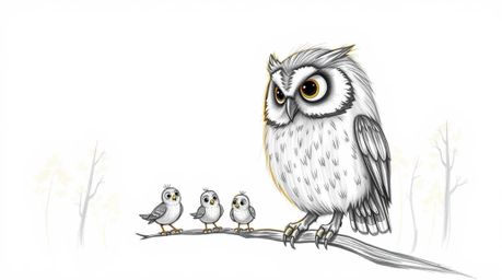 A heartwarming hand-drawn sketch in the style of Pixar, depicting a large-eyed, blind owl patiently instructing a flock of sm