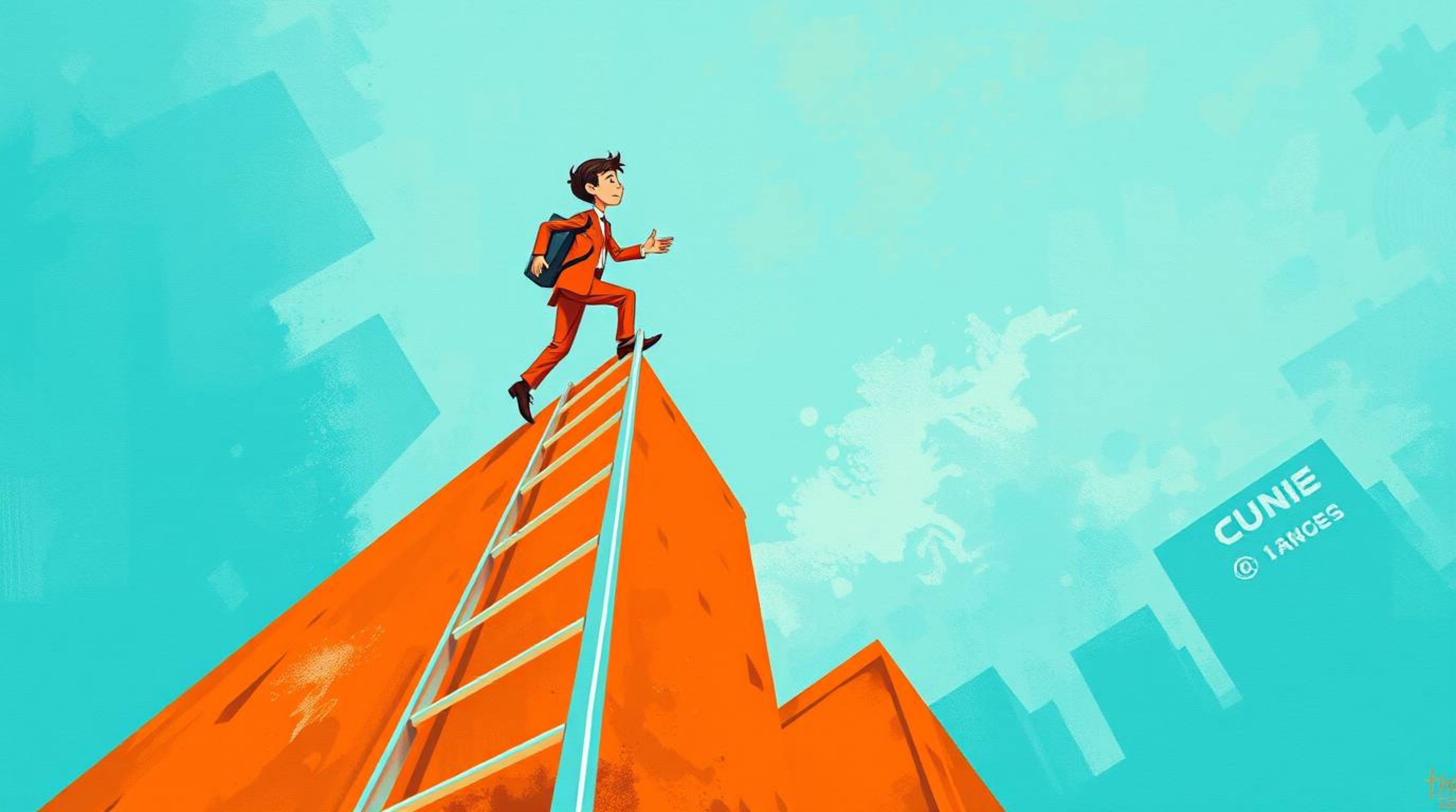 This abstract painting features a charming businessperson ascending a transparent ladder that disappears into a vibrant blue 