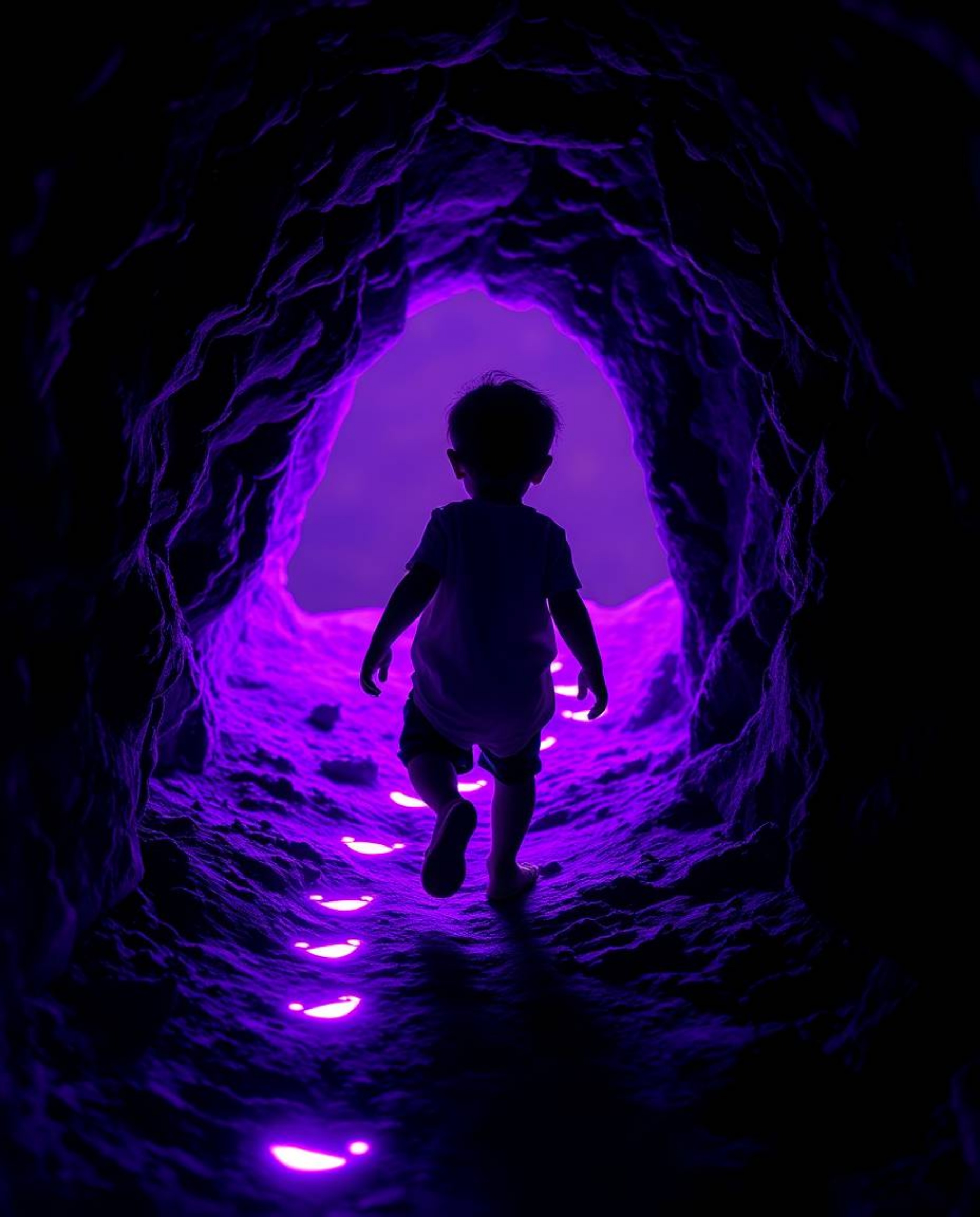 A high-contrast image showcases a child with olive skin embarking on a captivating adventure. Following a trail of ultraviole