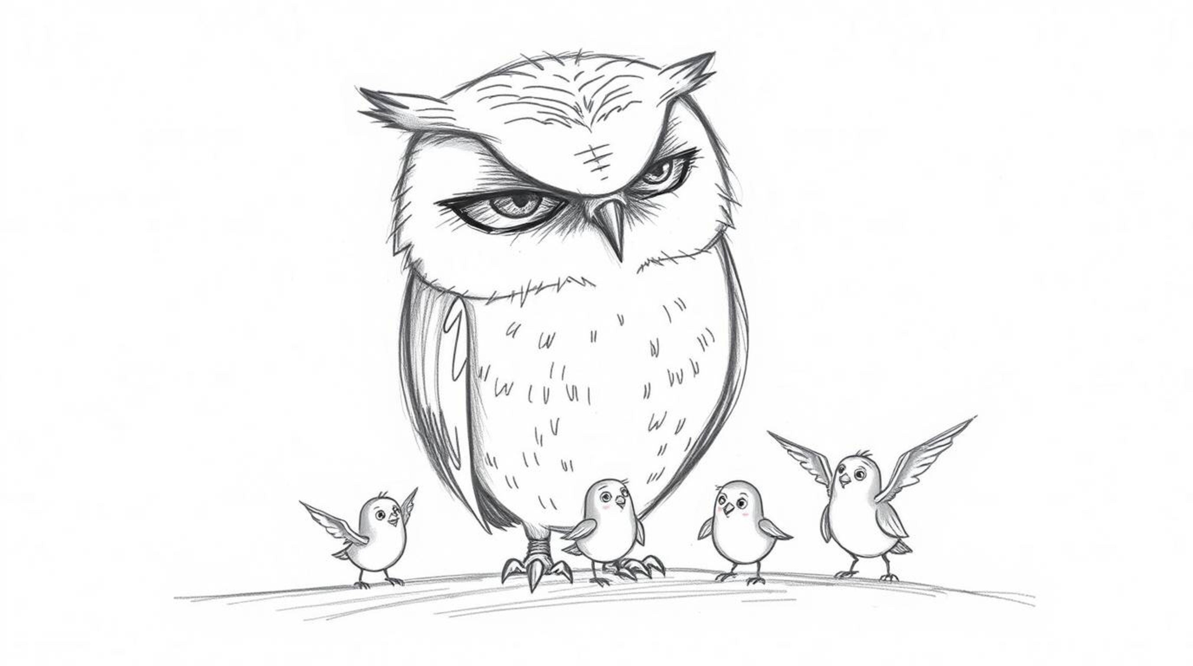 A heartwarming, Pixar-esque hand-drawn sketch features a blind owl radiating serenity, surrounded by small birds attempting t