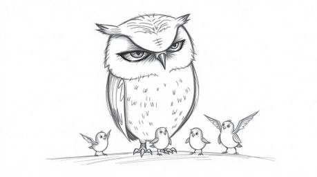 A heartwarming, Pixar-esque hand-drawn sketch features a blind owl radiating serenity, surrounded by small birds attempting t