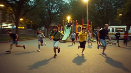 Experience a dramatic slow-motion run through a playground, captured in a cinematic style reminiscent of candid street photog