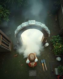 Discover a captivating scene: a child stumbles upon a shimmering magical portal nestled in their backyard. Shot from a bird'