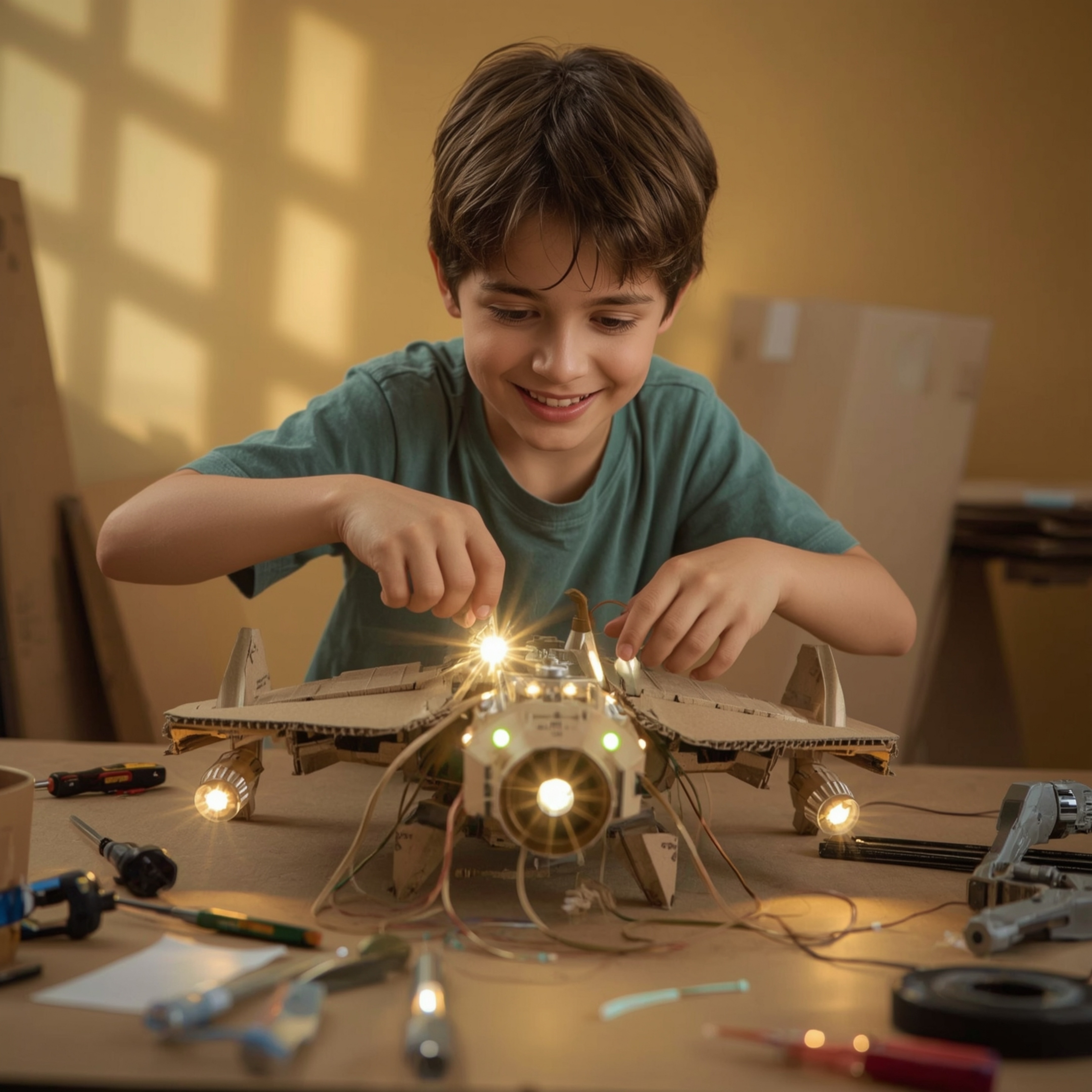 A captivating high-fashion photograph depicts a joyful young boy meticulously constructing a detailed cardboard spaceship, co
