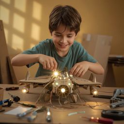 A captivating high-fashion photograph depicts a joyful young boy meticulously constructing a detailed cardboard spaceship, co