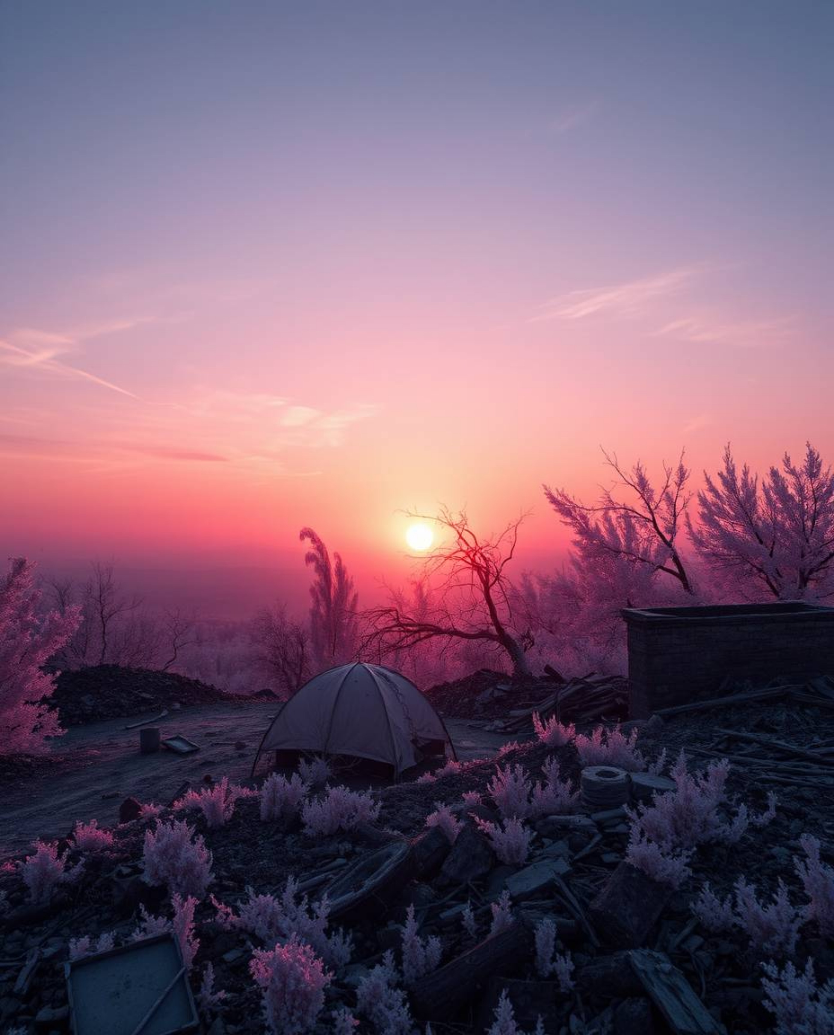 A captivating surreal infrared image depicts a sunrise over a war-torn landscape.  The infrared spectrum creates an otherworl