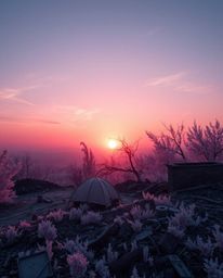 A captivating surreal infrared image depicts a sunrise over a war-torn landscape.  The infrared spectrum creates an otherworl