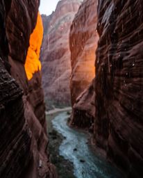 A captivating scene unfolds as a wet, rainy atmosphere envelops sandstone cliffs in a canyon illuminated by the setting sun. 