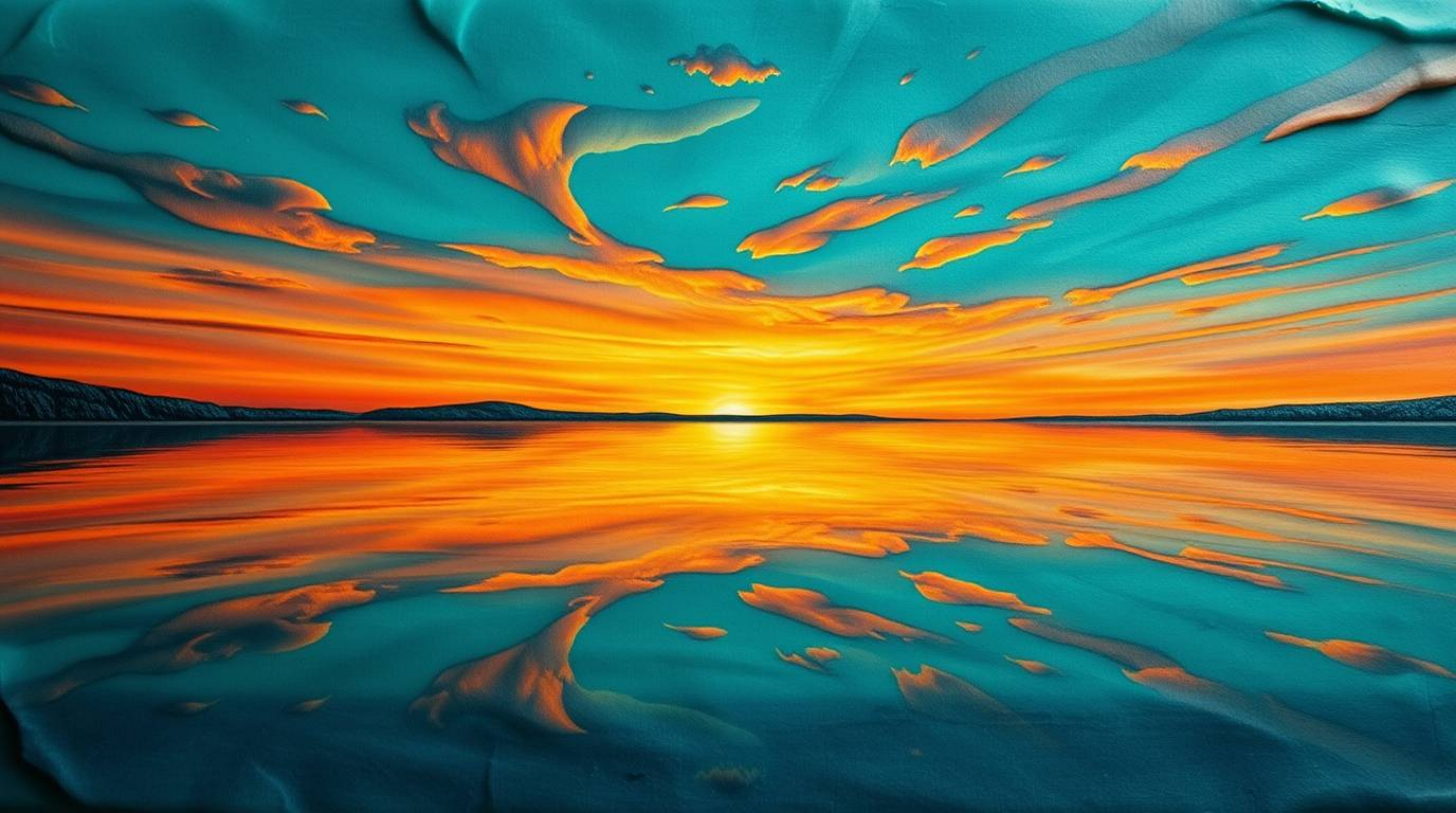 A captivating clay sculpture depicts a serene lake mirroring a vibrant sunset sky.  The artwork showcases rich deep teal hues