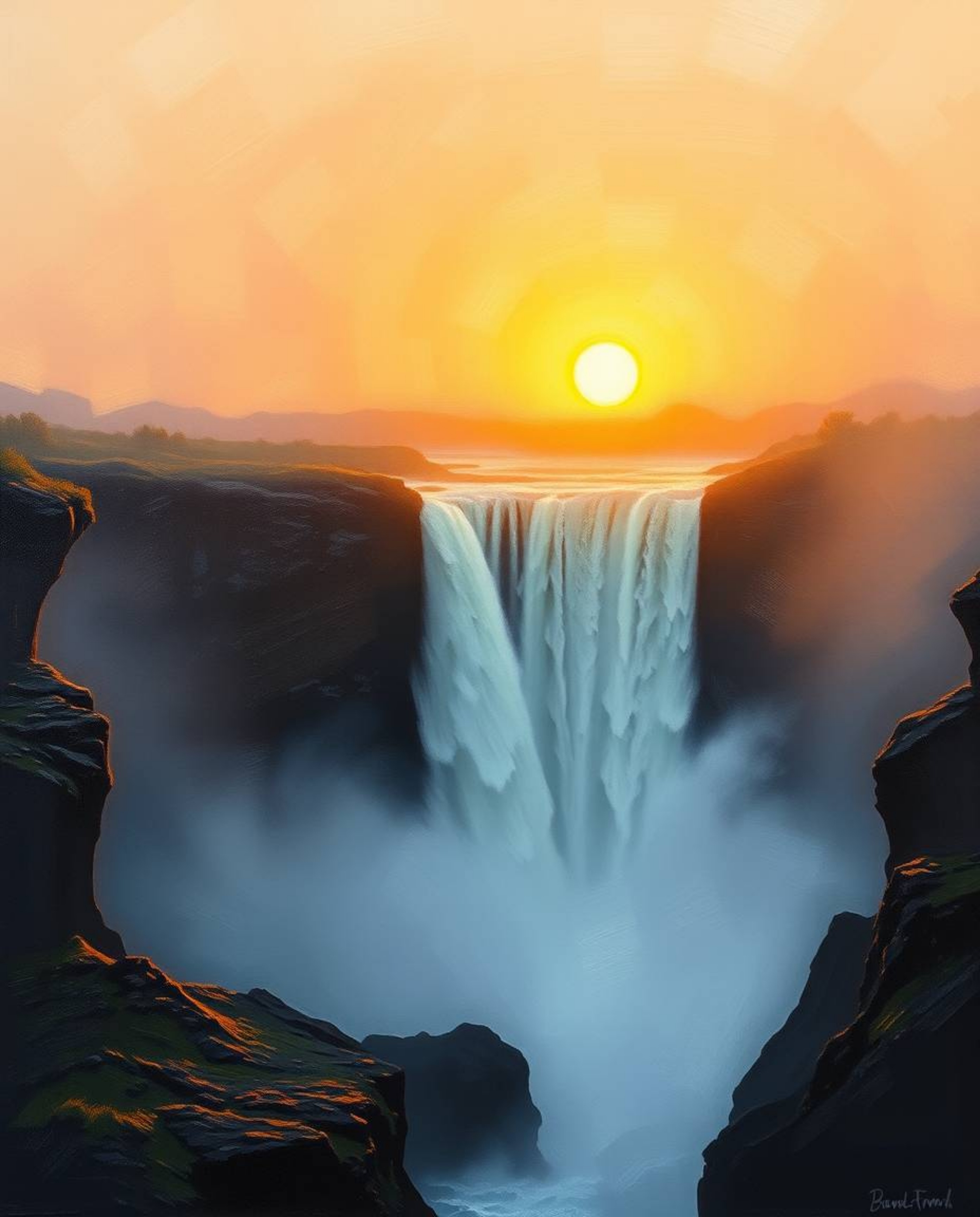 In a classic oil painting style with a soft cinematic haze, a sun sets behind a dramatic waterfall. The artwork features a so