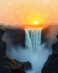 In a classic oil painting style with a soft cinematic haze, a sun sets behind a dramatic waterfall. The artwork features a so