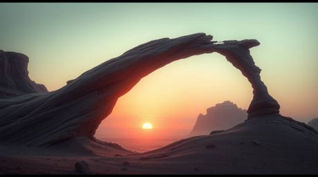 Experience the unsettling beauty of a desert sunset viewed through a natural rock arch.  Soft pastel colors blend with dark t