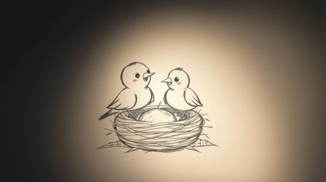 A captivating hand-drawn sketch showcases two charming cartoon birds diligently constructing their nest.  Rendered in a class