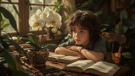 In a highly detailed cinematic photograph with a whimsical, Pixar-like style, a bright-eyed homeschooled genius with a kind, 