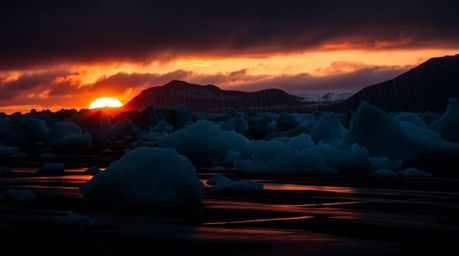 Experience the intensely dark beauty of a sunset over icy glaciers in the polar region. This wet, rainy scene is rendered in 