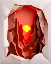 This intricate origami-style artwork depicts a sunset illuminating sandstone cliffs in a canyon. Using folded paper aesthetic