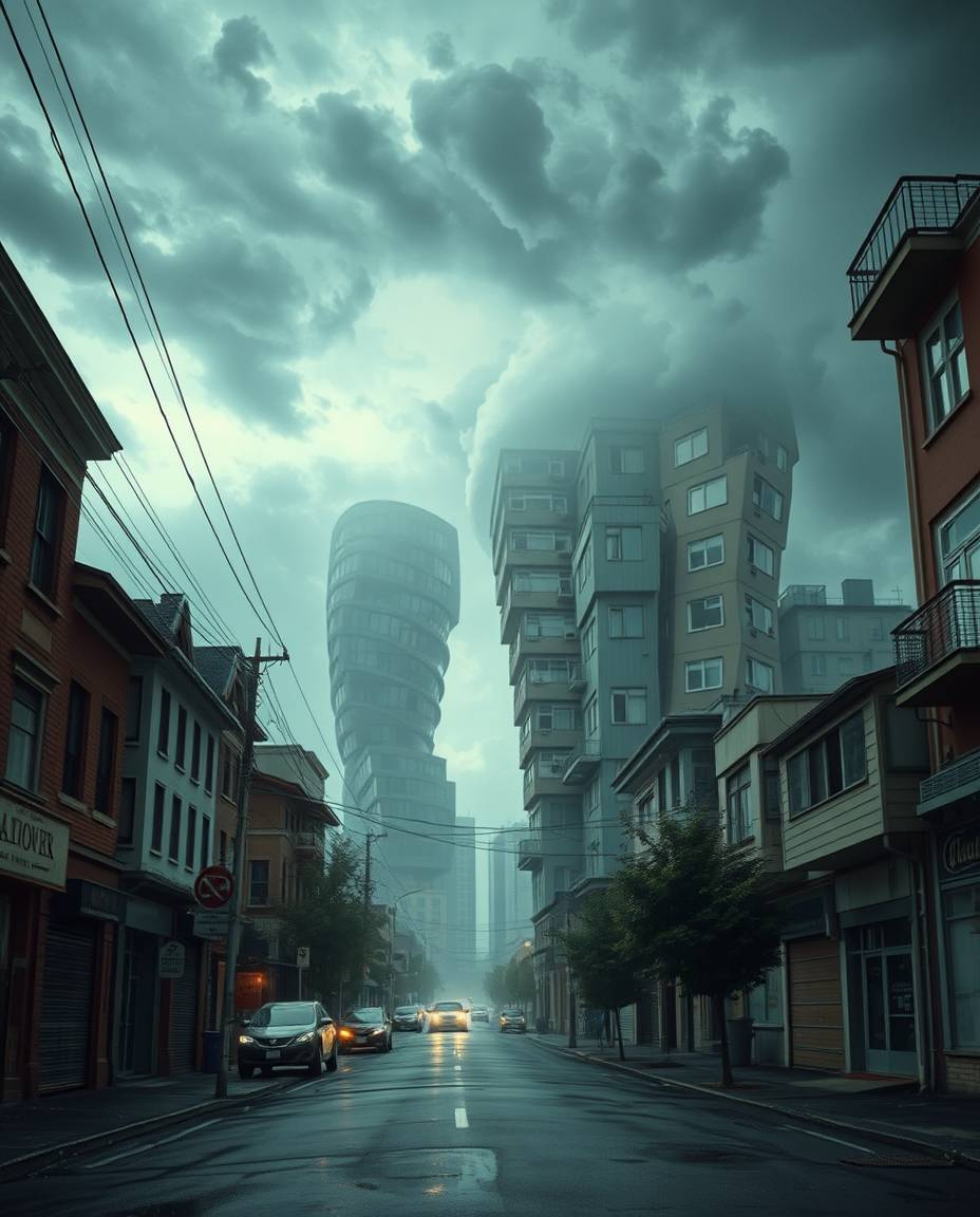 Explore a captivating surreal street scene where buildings fold and twist under intense dramatic weather. An ethereal spiritu