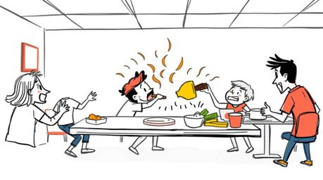 A vibrant hand-drawn sketchnote depicts a chaotic and fun cartoon cafeteria food fight.  The illustration showcases smooth gr