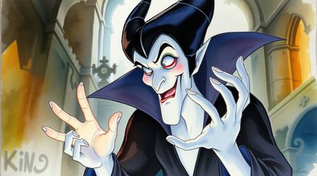 A delicate watercolor painting depicts a classic Disney villain with sharp features and pale skin, casting a spell within the