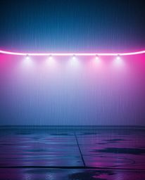 Epic scene featuring a futuristic, wet rainy setting.  The image boasts a soft gradient of pink, blue, and violet hues, minim