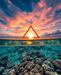 A striking logo design captures a colorful sky over a coral reef at low tide from a dramatic low-angle perspective. The compo