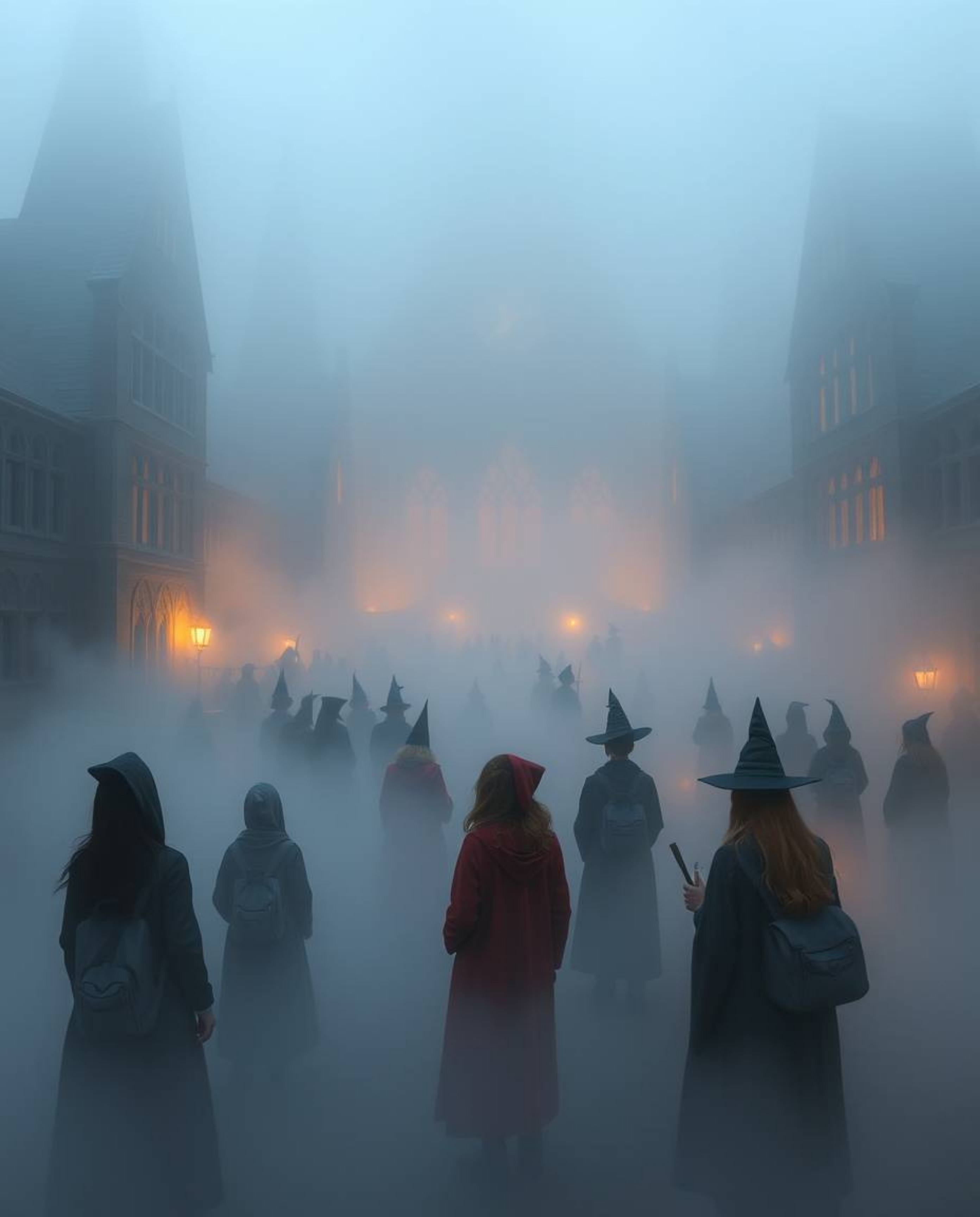 Explore a captivating magical school where young wizards learn their craft, all while enveloped in a thick, iridescent fog th