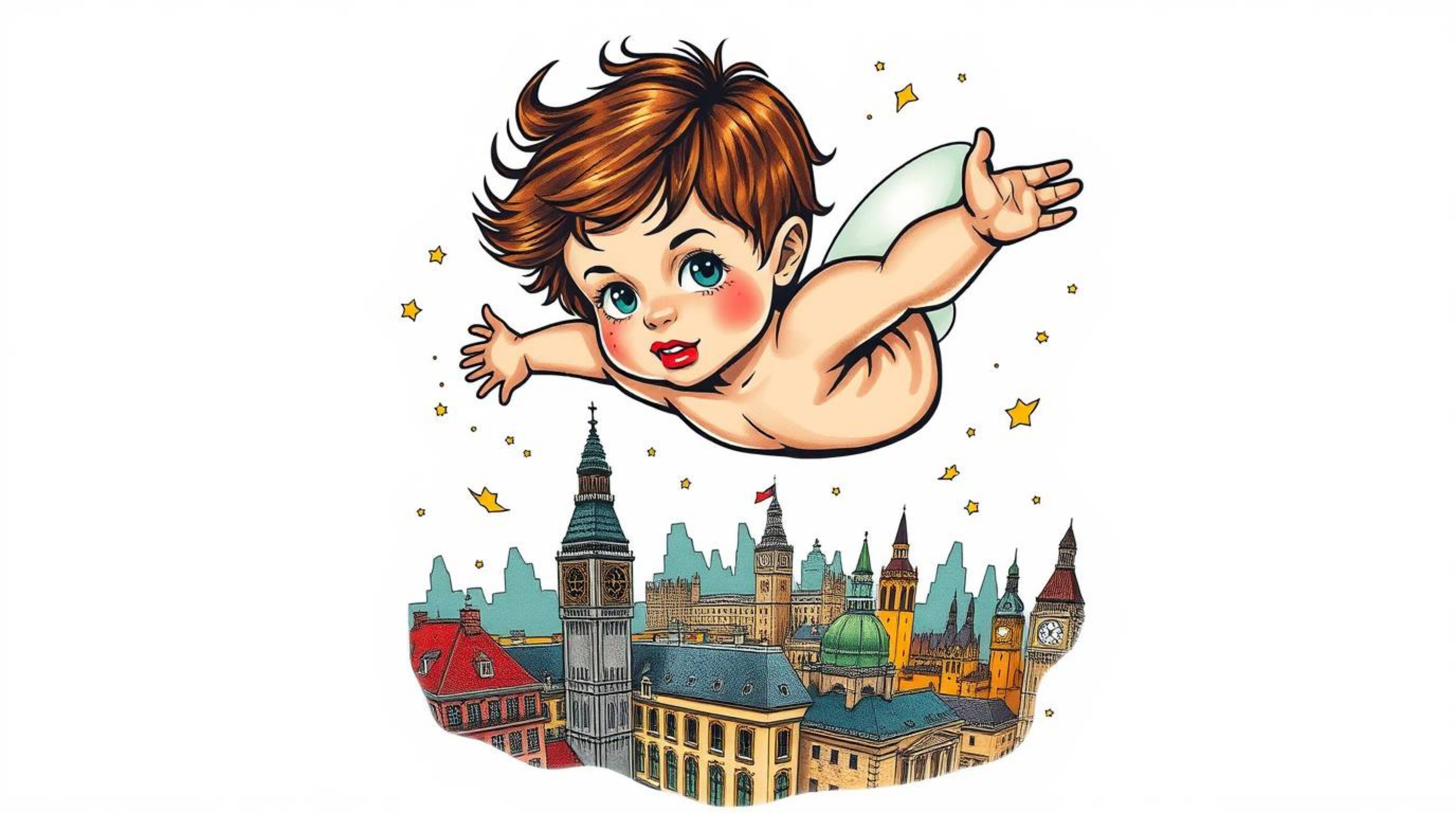 A vibrant retro-style traditional tattoo art print showcases a young boy with light skin and tousled brown hair soaring above