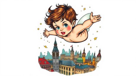 A vibrant retro-style traditional tattoo art print showcases a young boy with light skin and tousled brown hair soaring above