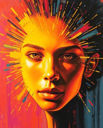 A vibrant bold acrylic painting featuring a human face transformed into a radiant data stream by a digital glitch effect.  Th