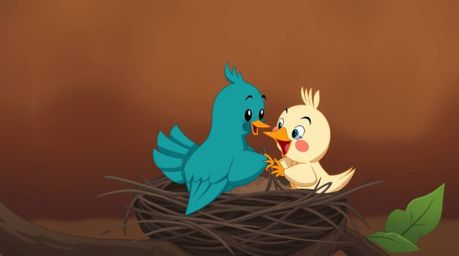 A professional fine-art photograph captures two charming cartoon birds diligently constructing their nest. Rendered in a cla
