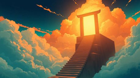 A vibrant Isekai anime-style illustration featuring a heavenly gate suspended above the clouds, with stairs ascending towards