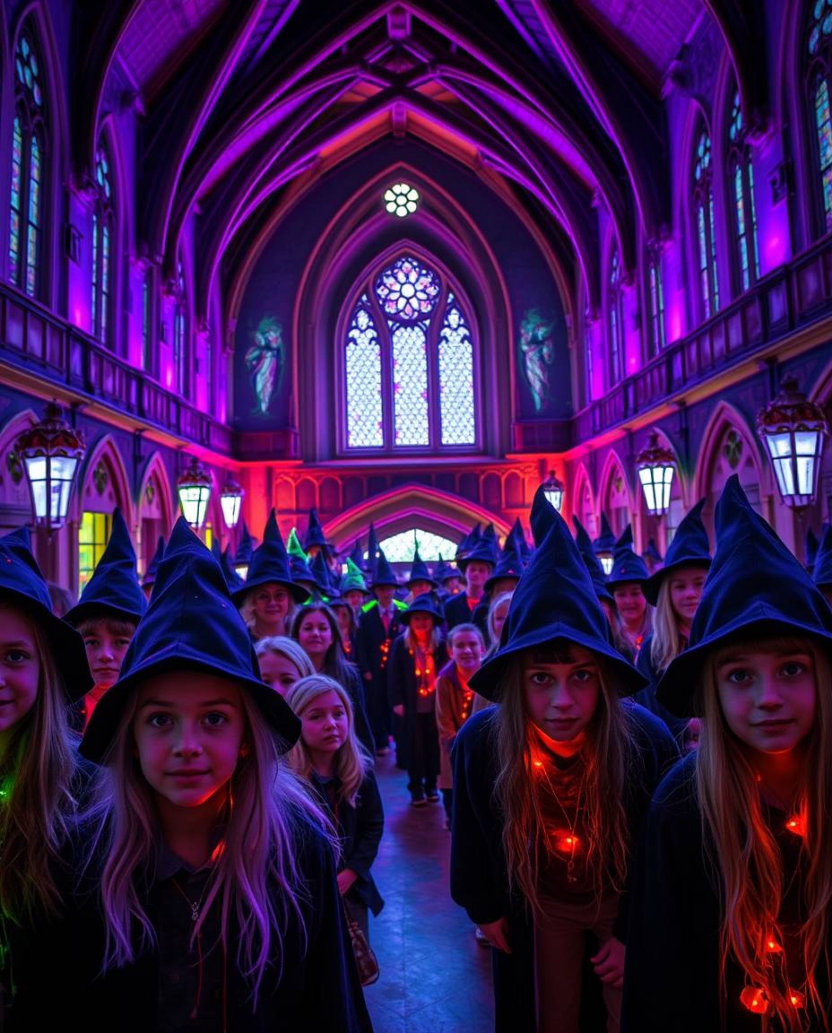 Immerse yourself in a magical school brimming with young wizards, radiating with bioluminescent deep ultraviolet hues and viv